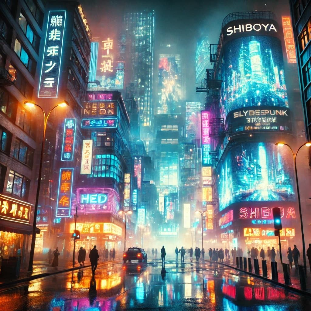 Cyberpunk cityscape with neon lights, wet streets, and tall buildings in Shibuya
